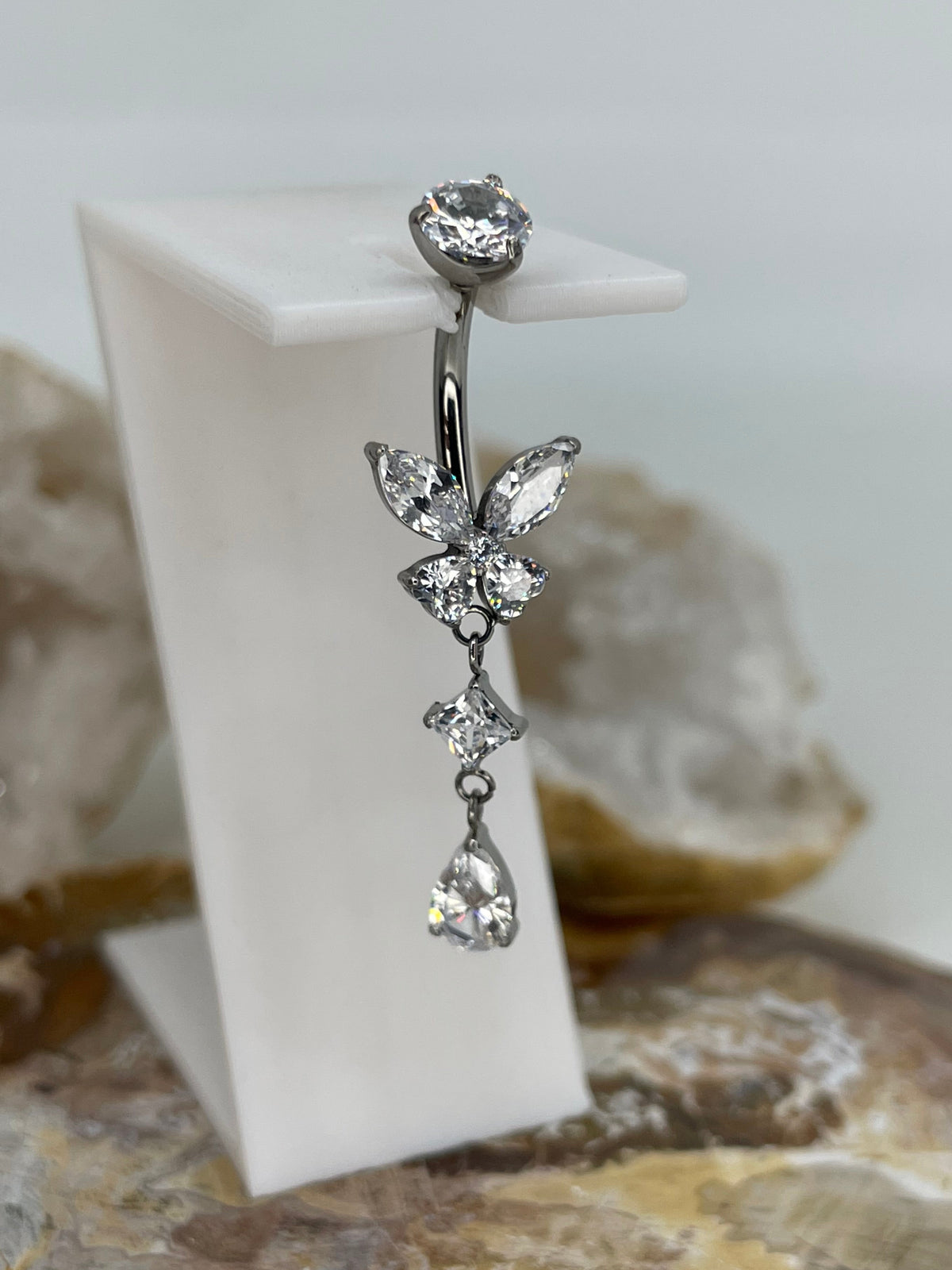 Dangling drop butterfly navel bar