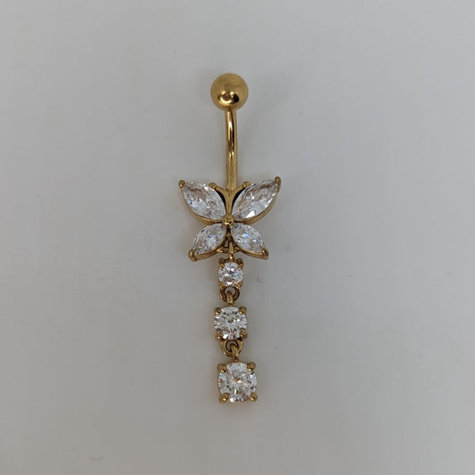 Butterfly dangling gems navel bar PVD gold image 0