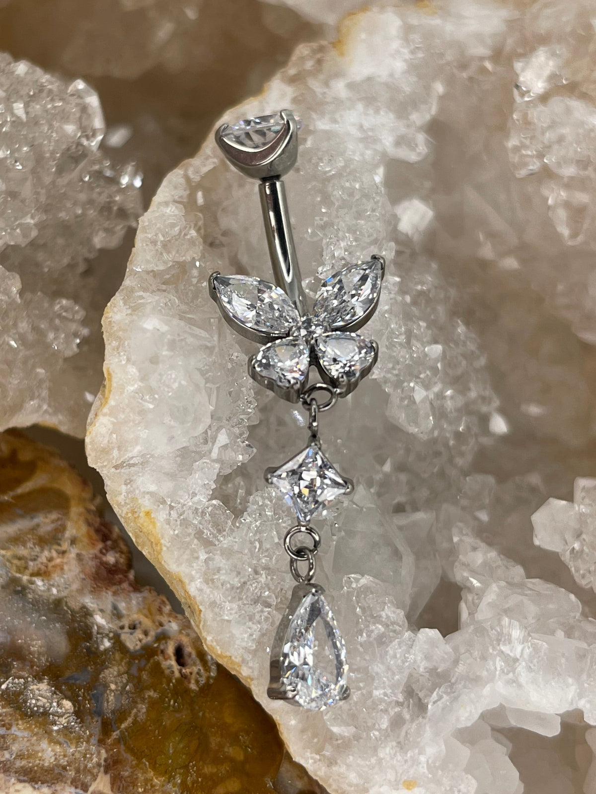 Dangling drop butterfly navel bar