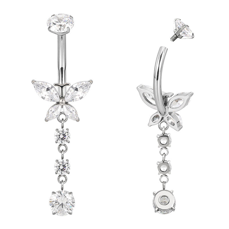Dangling butterfly prong set navel bar