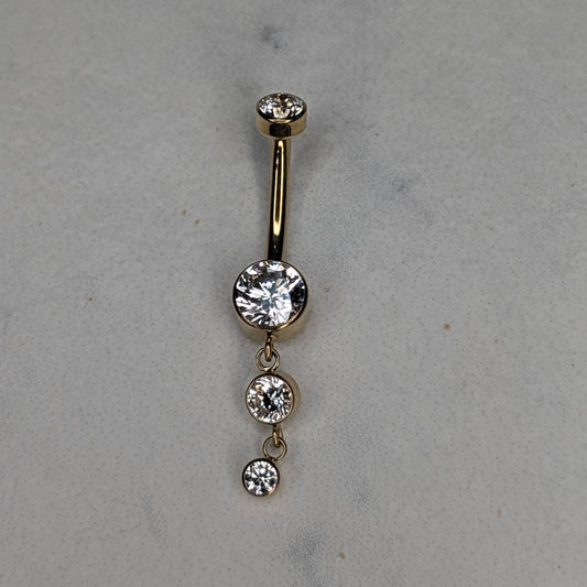 Dangling bezel navel bar PVD gold
